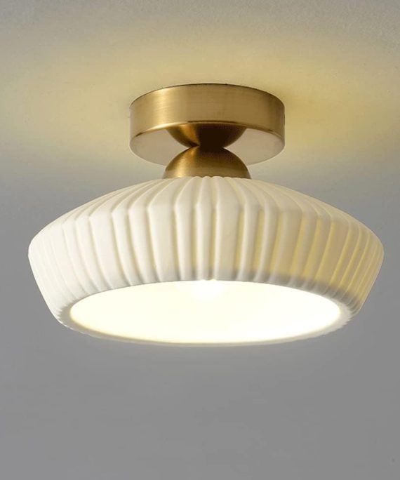 White Semi Flush Mount Ceiling Light, Mid Century Modern Close to Ceiling Light Fixtures, 8.6" Milk Glass Ceramic Pendant Lamp Shade, Farmhouse Lighting for Porch Hallway Kitchen Bedroom