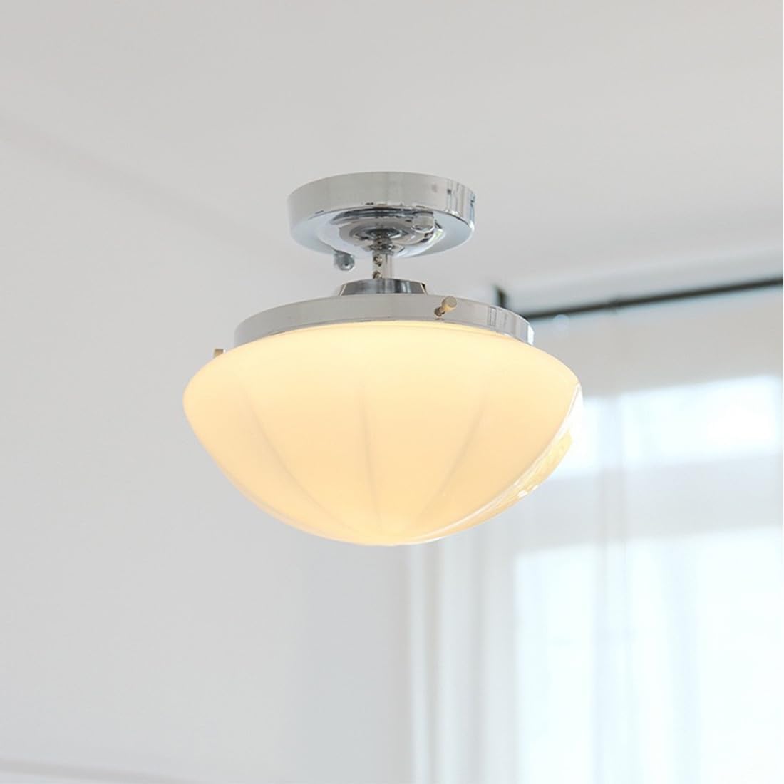 Flush Mount Ceiling Light Milk Glass Modern Close to Ceiling Lights Fixtures Chrome with Milky White Dome Glass Shade Mid Century Ceiling Lamp for Hallway Dining Room Bedroom