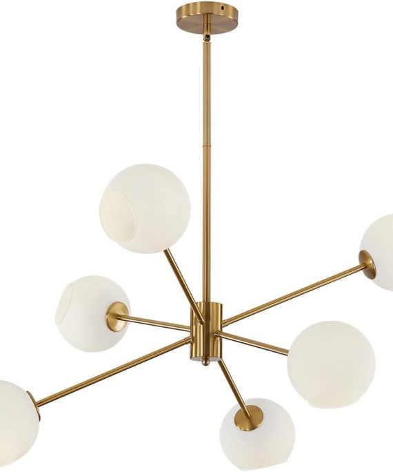 6 Lights Modern Sputnik Chandeliers Globe Sputnik Light Fixture Farmhouse Milk Glass Pendant Lights Kitchen Island Gold and White Sputnik Hanging Light Vintage Brushed Brass Ball Chandelier