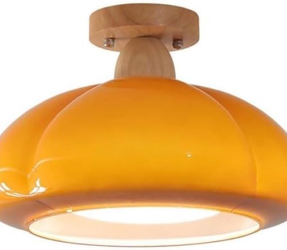 Ceiling Light Fixture ??Modern Semi Flush Mount Ceiling Light ??With Glass Orange Shade Ceiling Lamps 30CM Ceiling Light Fixture Wood Round Ceiling Light?? for Living Room Kitchen Bedroom