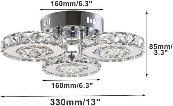 Modern Crystal Chandelier 3 Rings LED Crystal Flush Mount Ceiling Light Fixtures Contemporary Stainless Steel Pendant Bedroom Lights Fixtures for Dining Room Living Room (Cool White)
