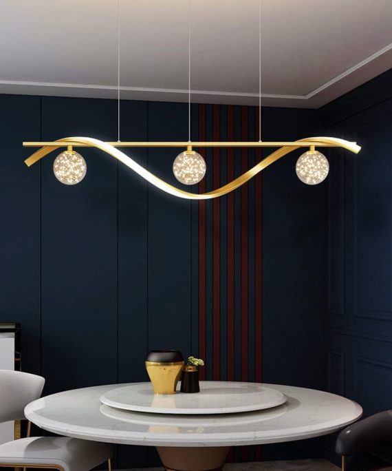 3 Lights Globe Pendant Lights For Dining Room 39.4Inch Spiral Led Living Room Light Fixture 30W Kitchen Island Lighting Fixture,Chandelier For Pool Table,black/gold needed