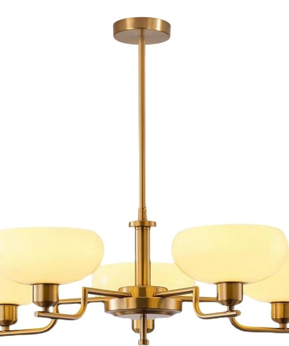 Gold Vintage Chandelier 5-Head Industrial Sputnik Pendant Light Modern Chandelier with Opal White Glass Brushed Brass Ceiling Pendant Light for Dining Room Kitchen Island Bedroom, BP1134-G