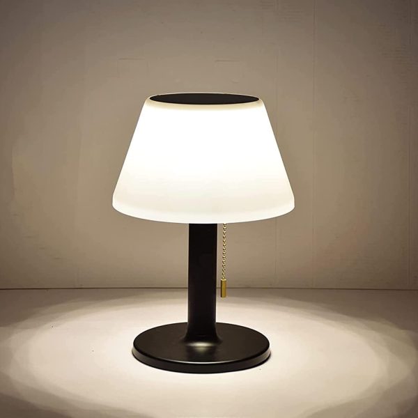LED Solar Table Lamp Outdoor Waterproof-3 Way Dimmable Outside Patio Table lamp,Solar Modern Bedsid Lamp,Cordless Solar Desk Lamp with Pull Chain for Bedroom Living Room,Garden(Black)