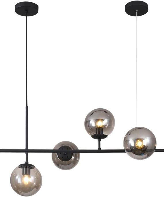 Lighting 6-Light Mid Century Modern Rectangle Sputnik Chandelier Black Farmhouse Linear Chandelier Glass Globe Pendant Light Vintage Kitchen Island Lighting (Black+Smoke Gray)