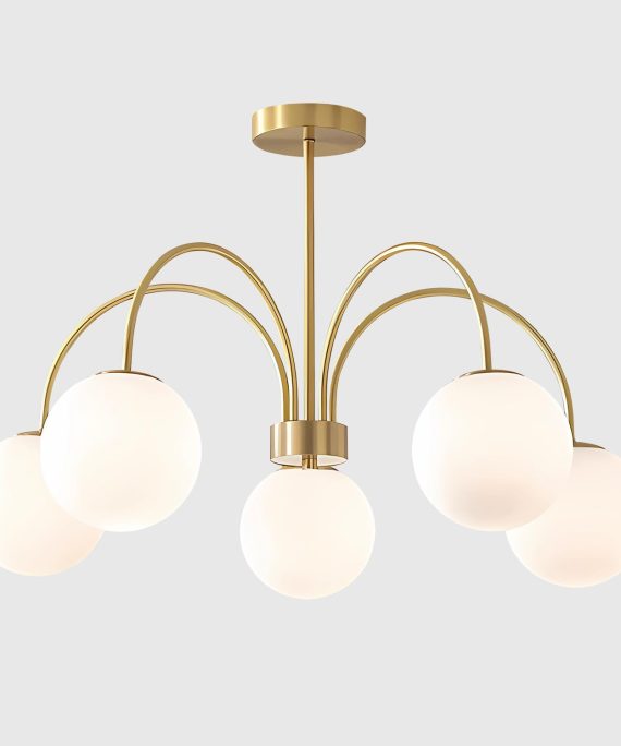 Mid Century Modern Gold Chandelier Large 5 Light White Globe Sputnik Chandelier Height Adjustable Milk Glass Hanging Pendant Lights Kitchen Island Vintage Dining Room Brass Ball Chandelier