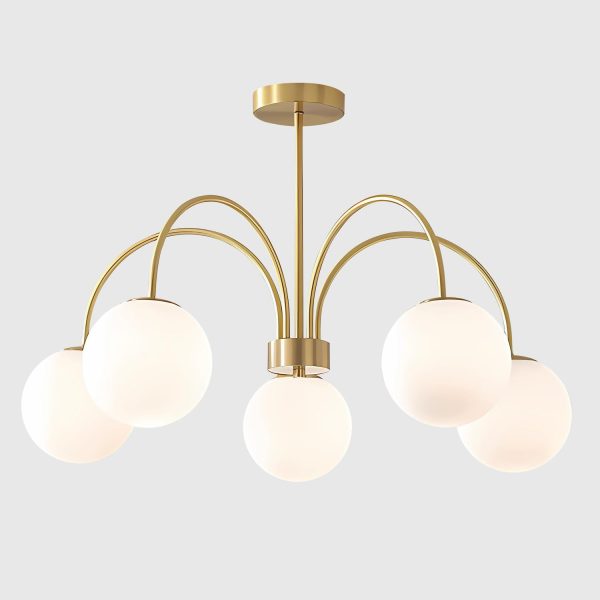 Mid Century Modern Gold Chandelier Large 5 Light White Globe Sputnik Chandelier Height Adjustable Milk Glass Hanging Pendant Lights Kitchen Island Vintage Dining Room Brass Ball Chandelier