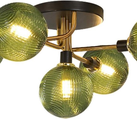 Glass Flush Mount Ceiling Lamps 5-Light Sputnik Chandelier Lighting with Green Glass Globe Shade, Black Gold Vintage Ceiling Light Fixtures for Bedroom Living Dining Room (Green)