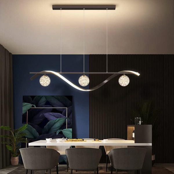 3 Lights Globe Pendant Lights For Dining Room 39.4Inch Spiral Led Living Room Light Fixture 30W Kitchen Island Lighting Fixture,Chandelier For Pool Table,black/gold needed