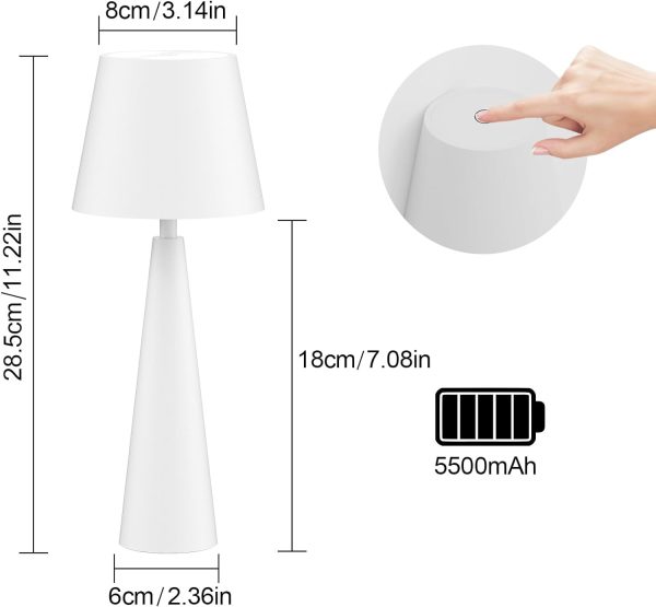 Modern LED Cordless Table Lamp with Touch Sensor, IP54 Waterproof Table Light for Outdoor, White Portable LED Table Lamps, Dimmable 5500mAh Rechargeable Battery Bedside lamp White 2 Pack