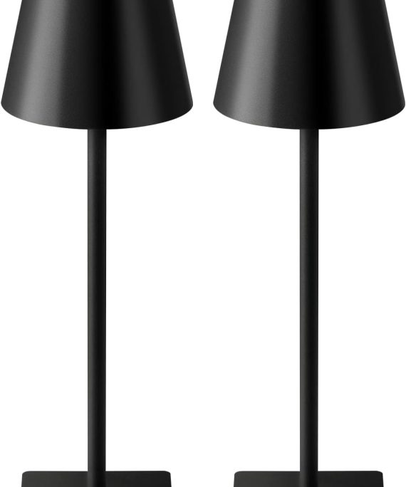 2 Pack Cordless Table Lamp,Portable LED Desk Lamp,5000mAh Battery Operated,3 Color Stepless Dimming Up,for Bedroom/Bars/Outdoor Party/Camping/Coffee Shop Night Light(Black) AMZ-TBL-003,14.96in