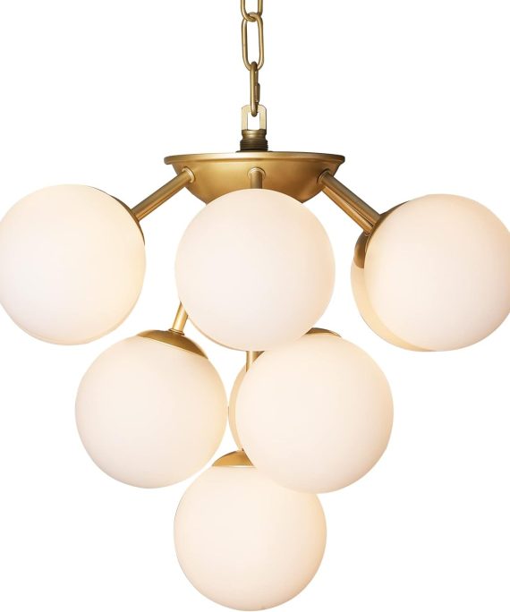 Modern 10-Lights Milk Opal Glass Globe Sputnik Chandelier, Satin Brass Molecule Magic Bean Shape of Grape Kitchen Island Pendant Light Fixture, Gold Mid Century Ceiling Hanging Light for Living Room