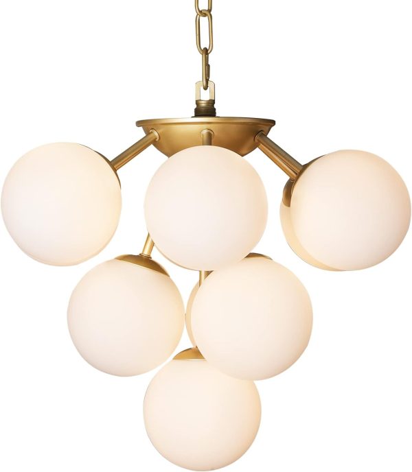 Modern 10-Lights Milk Opal Glass Globe Sputnik Chandelier, Satin Brass Molecule Magic Bean Shape of Grape Kitchen Island Pendant Light Fixture, Gold Mid Century Ceiling Hanging Light for Living Room