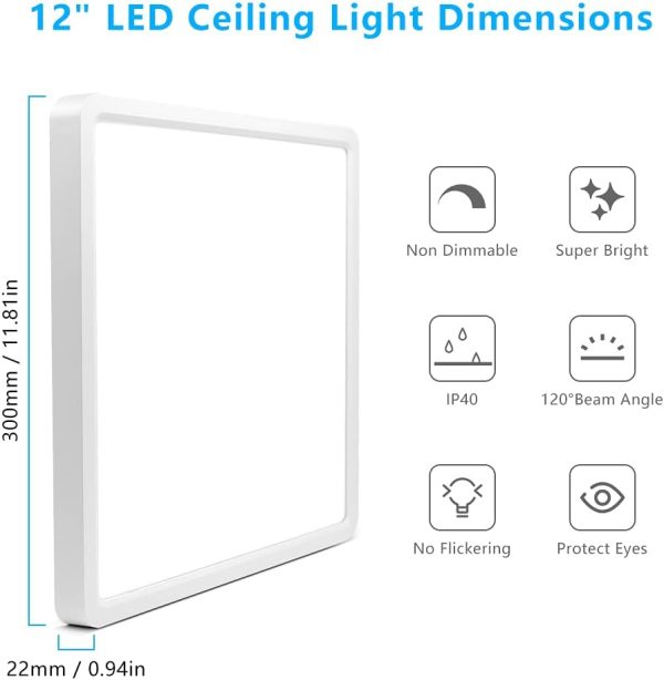 12Inch 24W Square LED Ceiling Light Fixtures Flush Mount, 2800K Warm White LED Ceiling Lamp, Surface Mount Modern Ceiling Lights, Slim Flat Panel Lighting for Bedroom, Kitchen, Bathroom Etc.