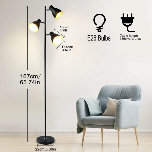Industrial Tree Floor Lamp with 3 Bulbs, Farmhouse Black Standing Light, Skinny Tall Pole Lamp, Metal Bright Reading Lamps for Living Room Bedroom, Adjustable Heads, Foot Switch, Mid Century