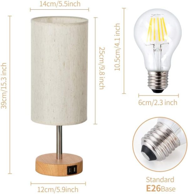 LED Bedside Lamp with USB Port Touch Control Table Lamp for Bedroom Wood 3 Way Dimmable Nightstand Lamp with Round Flaxen Fabric Shade for Living Room, Dorm, Home Office (LED Bulb Included)
