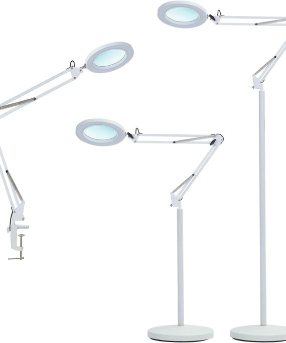 Magnifying Glass Floor Lamp, Dimmable LED Magnifying Lamp with Clamp - 12W, 3 Lighting Modes, 5 Diopter, Height Adjustable - Super Bright Floor Lamp with Magnifier for Reading, Craft, Task