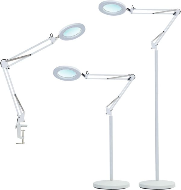 Magnifying Glass Floor Lamp, Dimmable LED Magnifying Lamp with Clamp - 12W, 3 Lighting Modes, 5 Diopter, Height Adjustable - Super Bright Floor Lamp with Magnifier for Reading, Craft, Task