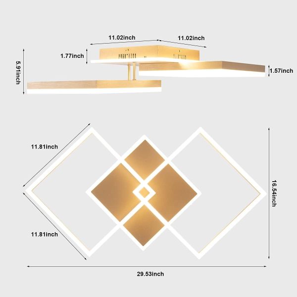 Modern Led Golden Flush Mount Ceiling Light,2-Layer Square Acrylic 4000K-6000K Dimmable LED Flush Ceiling Lighting with Remote 68W for Living Dining Room Bedroom Kitchen Hall