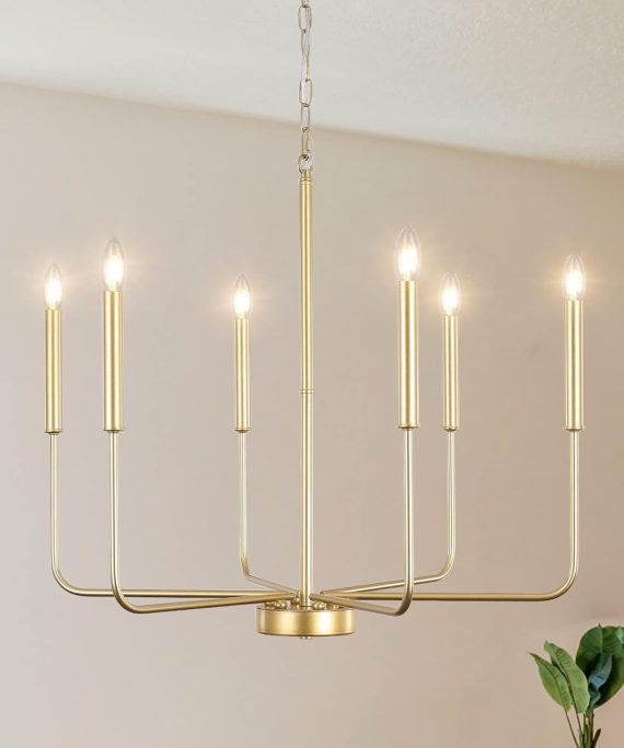 Gold Chandelier Light Fixtures Ceiling 6 Lights Hanging Modern Farmhouse Chandelier for Dining Room, Light Gold Pendant Lamp for Kitchen Island Living Room Foyer Bedroom