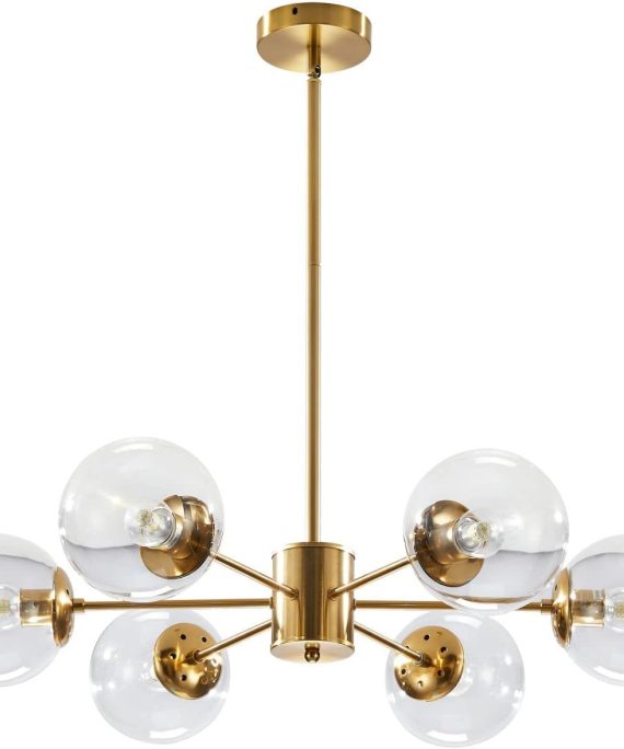 Lighting Modern 6-Light Sputnik Chandelier with Clear Glass Globe Mid Century Adjustable Ceiling Pendant Light Gold Brass Flush Mounted Fixture