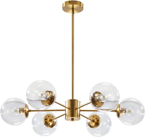 Lighting Modern 6-Light Sputnik Chandelier with Clear Glass Globe Mid Century Adjustable Ceiling Pendant Light Gold Brass Flush Mounted Fixture