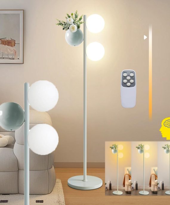 Globe Floor Lamp for Living Room, 2 Globe Bright Standing Lamp with Flower Pots, Moon Floor Lamp with 3 Color Temperature & Brightness Adjustable Modern Stand Up Lamp for Bedroom Reading Room