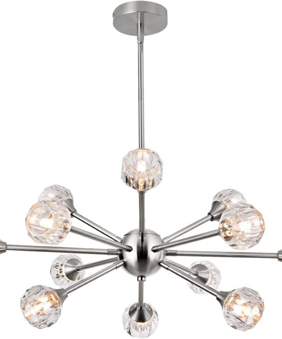 Modern Crystal Chandelier Light, Sputnik Style Chandeliers Brushed Nickel Pendant Light Branches 12-Lights Crystal Ceiling Light Fixtures for Dining Room Bedroom Living Room G9 Bulbs