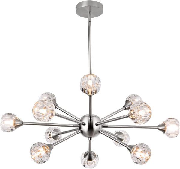 Modern Crystal Chandelier Light, Sputnik Style Chandeliers Brushed Nickel Pendant Light Branches 12-Lights Crystal Ceiling Light Fixtures for Dining Room Bedroom Living Room G9 Bulbs
