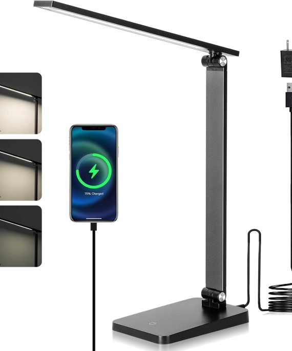 LED Desk Lamp for Home Office, 3 Levels Dimmable Desk Light with USB Charging Port, Small Study Lamp, Reading Light for Table, Black, 5000K
