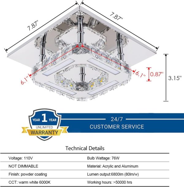 Modern Crystal Chandelier Not Dimmable Flush Mount Ceiling Light Color Temperature Adjustable LED K9 Crystal 8K Stainless Steel Ceiling Lamp, 120lm/w CRI>80 3000K/4000K/6000K, Chrome, by Kai