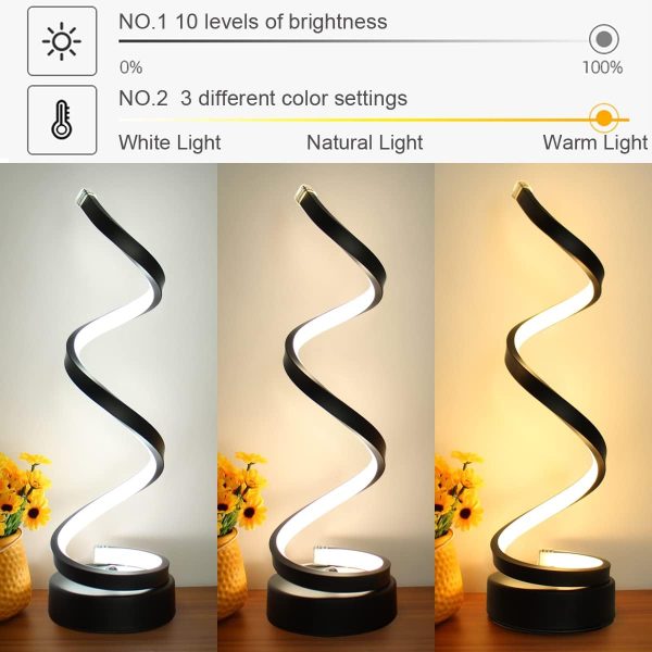 LED Table Lamp, Modern Minimalist Dimmable Spiral Table Lamp, 12W 3 Color Bedside Lamp Desk Light for Bedroom, Living Room, Office, Nightstand, Bookshelf (Black)