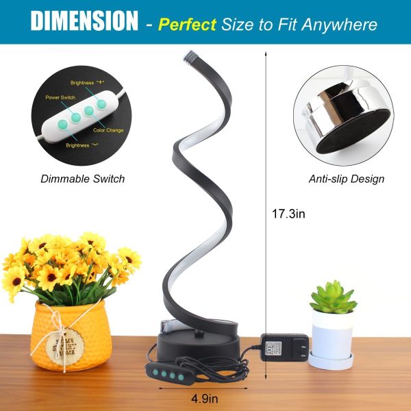 LED Table Lamp, Modern Minimalist Dimmable Spiral Table Lamp, 12W 3 Color Bedside Lamp Desk Light for Bedroom, Living Room, Office, Nightstand, Bookshelf (Black)