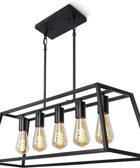 Black Farmhouse Dining Room Chandelier, Industrial Modern Island Lighting Fixture for Kitchen Island, Living Room, Bar (5-Light)
