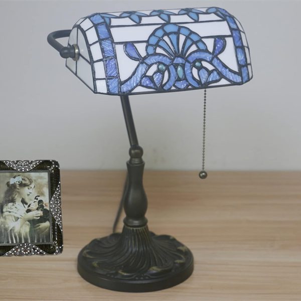 Bankers Table Lamp Stained Glass Piano Desk Lamp Vintage Bedroom Bedside Lamp for Study,Antique Alloy Base,Zipper Switch,Blue Baroque