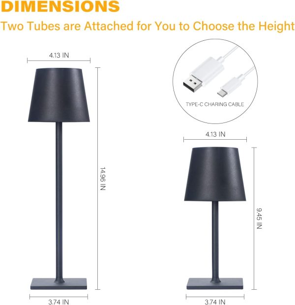 Cordless Table Lamps, 3 Colors Stepless Dimming, 4000mAh Rechargeable Battery LED Desk Lamp for Bedroom/Couple Dinner/Desk/Cafe/Dining Room/Terrace (Black) 14.96 IN X 4.13 IN