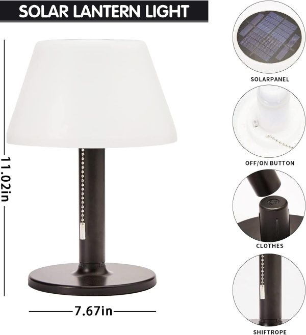 LED Solar Table Lamp Outdoor Waterproof-3 Way Dimmable Outside Patio Table lamp,Solar Modern Bedsid Lamp,Cordless Solar Desk Lamp with Pull Chain for Bedroom Living Room,Garden(Black)
