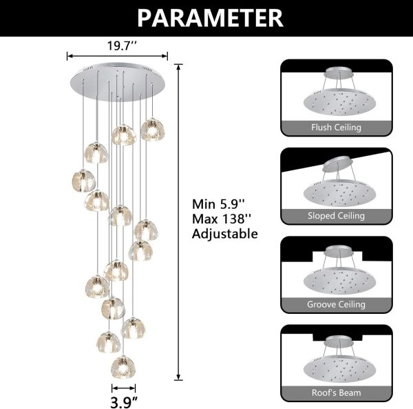 118"H 14 Crystal Lights Modern LED Chandeliers for Foyer Living Room Raindrop Pendants Light Fixture Silver/Chrome Lights for Hight Ceiling Chandeliers Luxury Staircase Lighting LED Bulbs Included