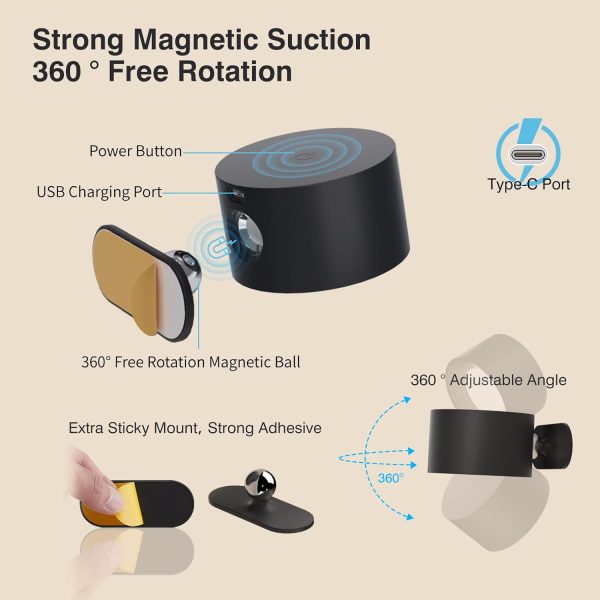 LED Wall Sconce, Wall Mounted Lamp with Rechargeable Battery Operated USB Port 3 Color Temperature & 3 Brightness Level 360??Rotate Magnetic Ball, Cordless Light for Reading Study Bedside