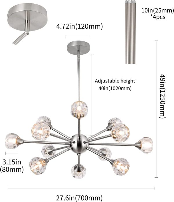 Modern Crystal Chandelier Light, Sputnik Style Chandeliers Brushed Nickel Pendant Light Branches 12-Lights Crystal Ceiling Light Fixtures for Dining Room Bedroom Living Room G9 Bulbs
