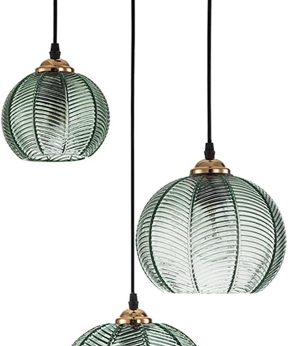 Glass Pendant Light Kitchen Island Modern Chandelier Pendant Lighting Green Ribbed Glass Shade Globe Pendant Light Fixture for Kitchen Dining Room Living Room Bedroom Farmhouse