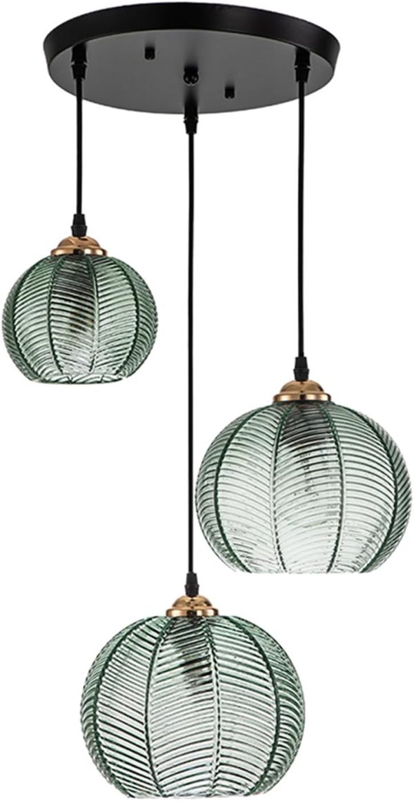 Glass Pendant Light Kitchen Island Modern Chandelier Pendant Lighting Green Ribbed Glass Shade Globe Pendant Light Fixture for Kitchen Dining Room Living Room Bedroom Farmhouse