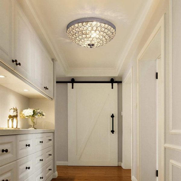 Modern Flush Mount Crystal Ceiling Light, 2-Light Small Chandelier Close to Ceiling Light Fixtures for Bedroom, Entryway, Foyer, Hallway, Dining Room, Chrome Finish Bowl Shape Shade E12