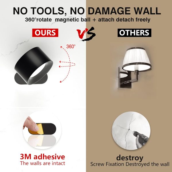 LED Wall Sconce, Wall Mounted Lamp with Rechargeable Battery Operated USB Port 3 Color Temperature & 3 Brightness Level 360??Rotate Magnetic Ball, Cordless Light for Reading Study Bedside
