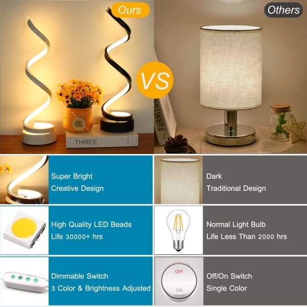 LED Table Lamp, Modern Minimalist Dimmable Spiral Table Lamp, 12W 3 Color Bedside Lamp Desk Light for Bedroom, Living Room, Office, Nightstand, Bookshelf (Black)