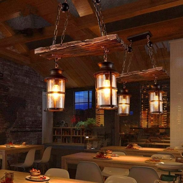 Wood Retro Pendant Lighting Industrial Vintage Chandelier Black Metal Bedroom Restaurant Suspension Lamp Cage Frame with Glass Shade House Loft Bar Coffee Decoration Ceiling Lights Fitting, E27