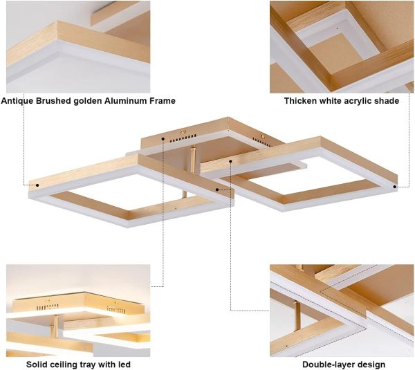 Modern Led Golden Flush Mount Ceiling Light,2-Layer Square Acrylic 4000K-6000K Dimmable LED Flush Ceiling Lighting with Remote 68W for Living Dining Room Bedroom Kitchen Hall