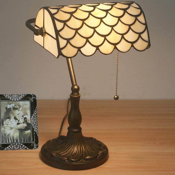 Bankers Table Lamp Stained Glass Piano Desk Lamp Vintage Bedroom Bedside Lamp for Study,Antique Alloy Base,Zipper Switch,Blue Baroque