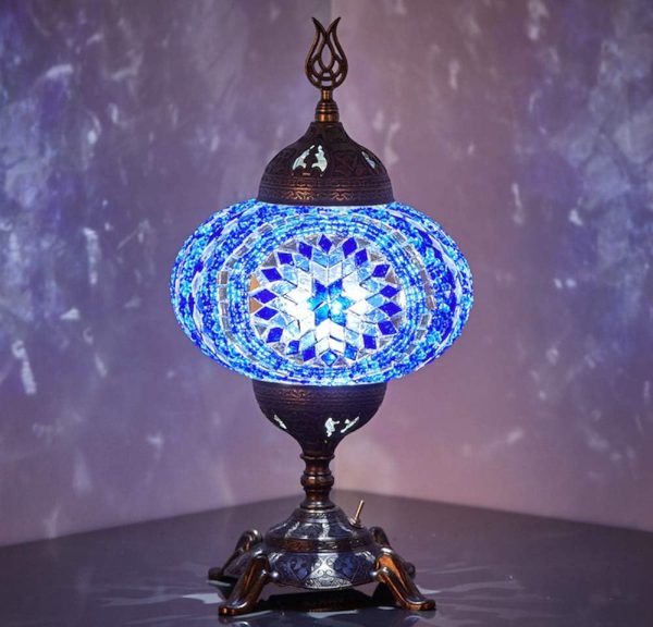 (15 Colors) Battery Operated Mosaic Table Lamp with Built-in LED Bulb, Turkish Moroccan Handmade Mosaic Table Desk Bedside Mood Accent Night Lamp Light Lampshade with LED Bulb,No Cord (Teal)