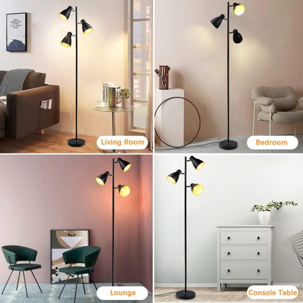 Industrial Tree Floor Lamp with 3 Bulbs, Farmhouse Black Standing Light, Skinny Tall Pole Lamp, Metal Bright Reading Lamps for Living Room Bedroom, Adjustable Heads, Foot Switch, Mid Century